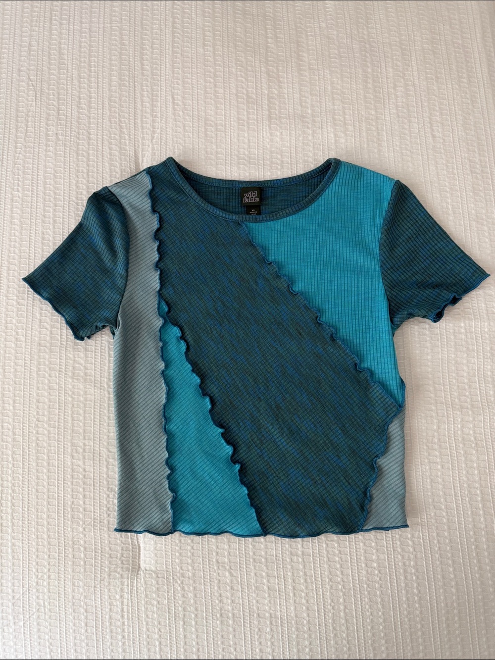 Teal & Aqua Patchwork Ribbed Crop Top